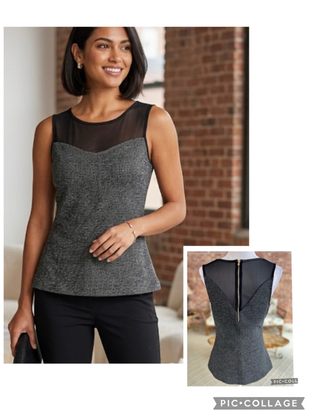 Express Black Tweed Mesh Illusion Sleeveless Top S Tailored Quiet Luxury